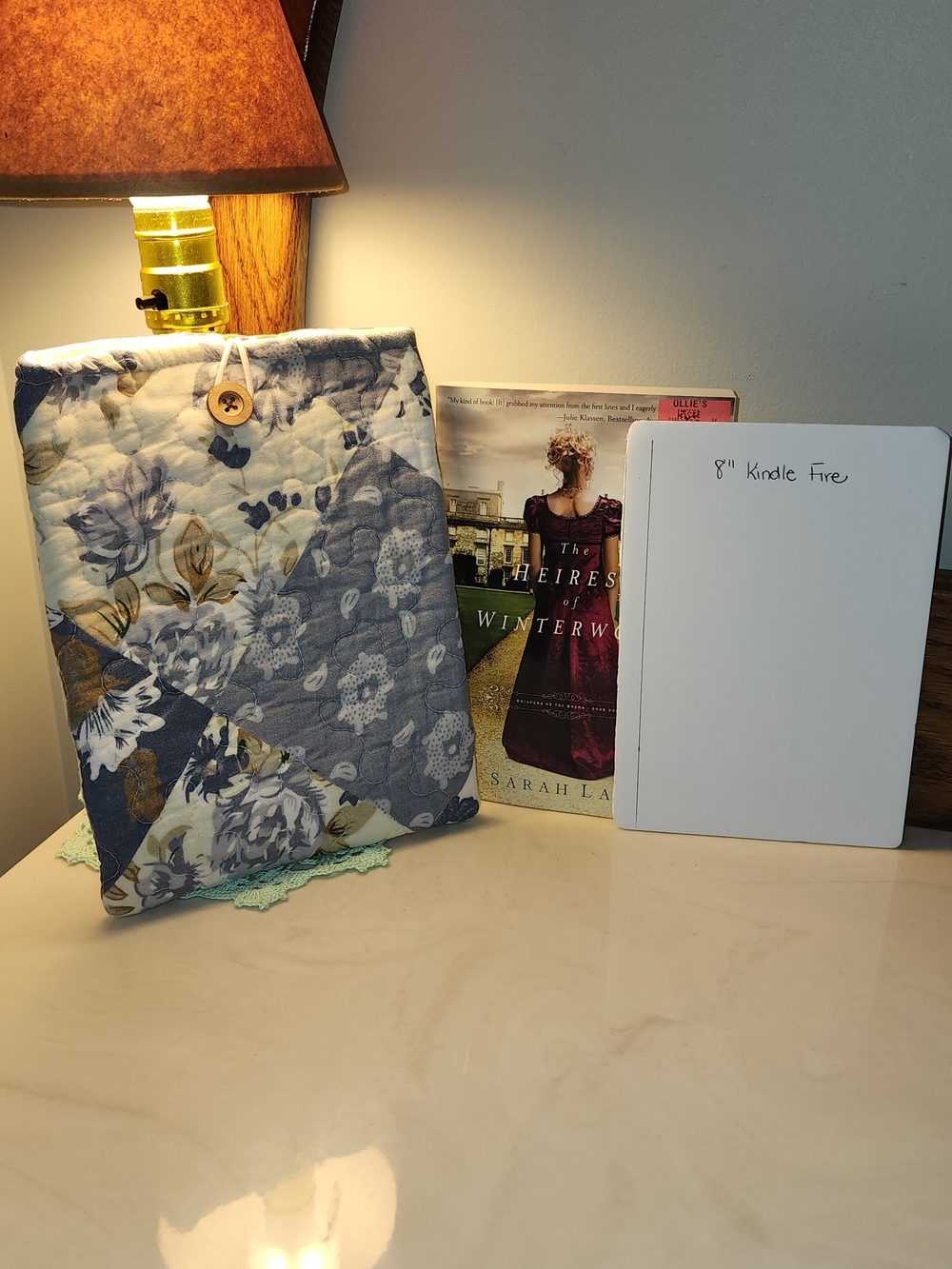 Quilted Floral Kindle Sleeve in Blue and Cream